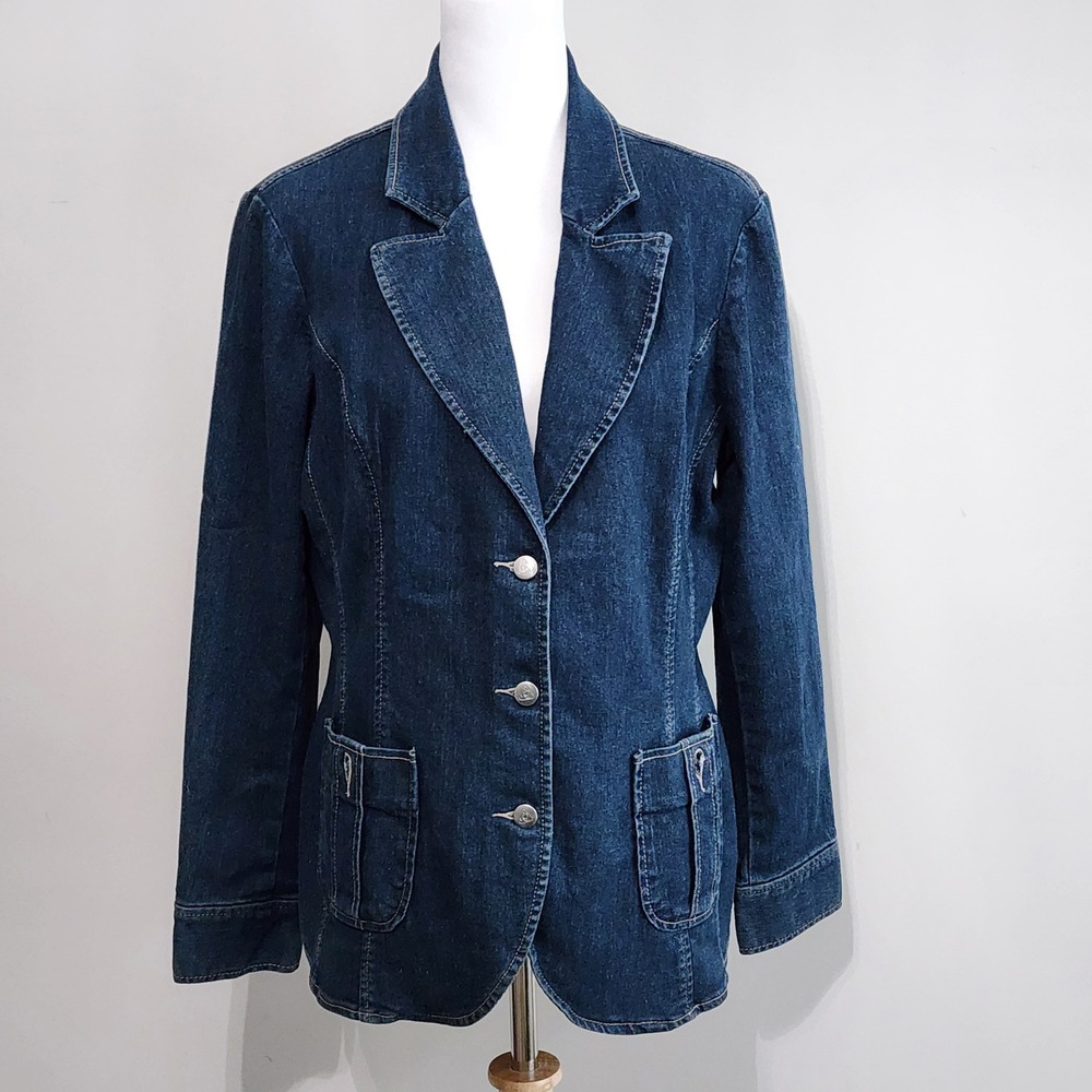 Jockey Person to Person Denim Blazer Womens Large Blue Utility Pockets Jacket